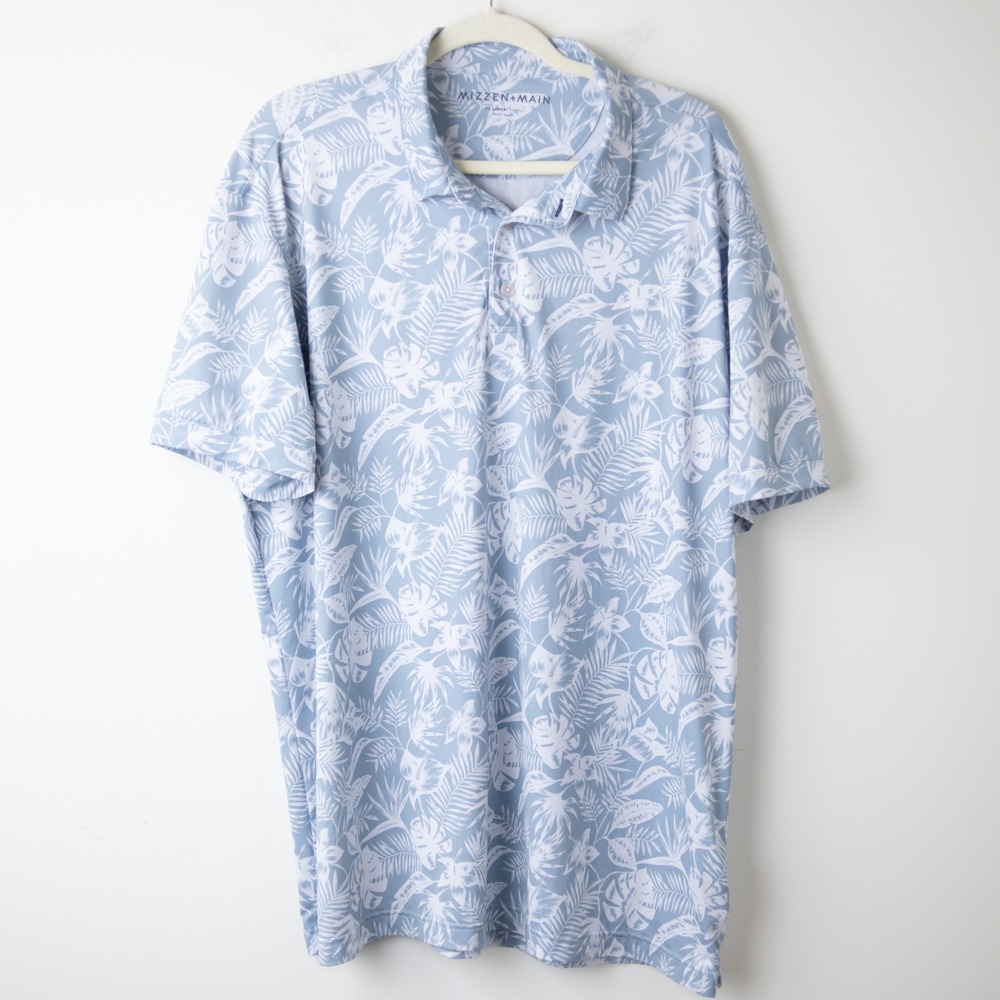 Mizzen + Main Versa Polo Mens XXL Ashley Blue Palm Print Performance Stretch